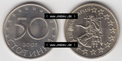 Münzen Bulgarien Eurovorläufer, Umlaufmünze vor Euroeinführung 2005-2005, 50 CTOTNHKN 50 Stotinki. Vorderseite und Rückseite... Sammlung