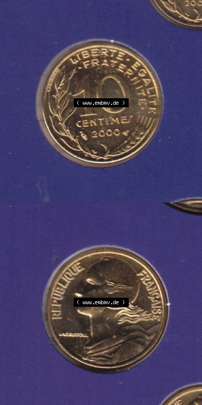 Münzen Frankreich Eurovorläufer, Umlaufmünze vor Euroeinführung 2000, 10 Centimes. Vorderseite und Rückseite Vertikal Untereinander,... Sammlung