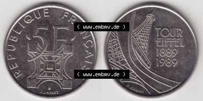 Münzen Frankreich Eurovorläufer, Umlaufmünze vor Euroeinführung 1989-1989, 5 Francs Franken Eiffelturm. Vorderseite und Rückseite... Sammlung
