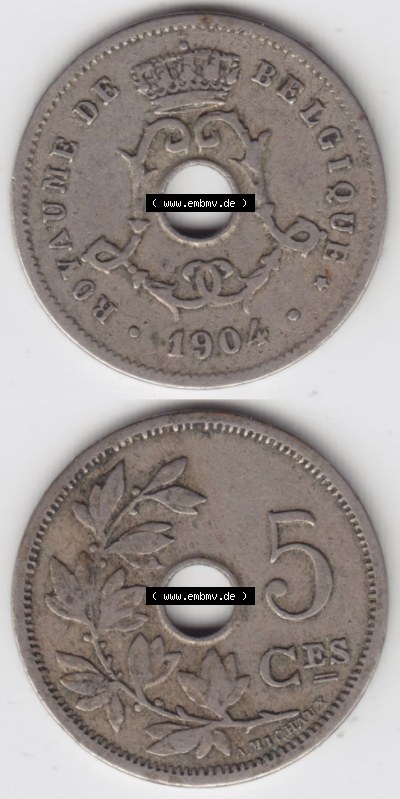 Münzen Belgien Eurovorläufer, Umlaufmünze vor Euroeinführung 1904-1907, 5 Ces, Centimes Koninkrijk Belgie (4) Sammlung