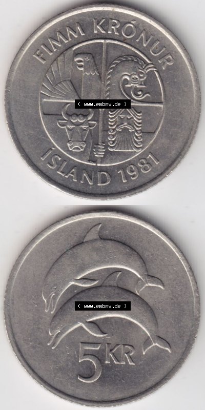 Münzen Island Eurovorläufer, Umlaufmünze vor Euroeinführung 1981-1992, 5 KR Kronur, Kronen 1981 (4) Sammlung
