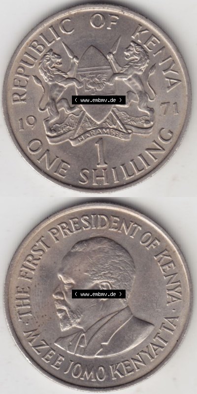 Münzen aus Afrika Kenia / Kenya Umlaufmünze 1969-1978, 1 One Shilling, Schilling 1971 (4) Sammlung