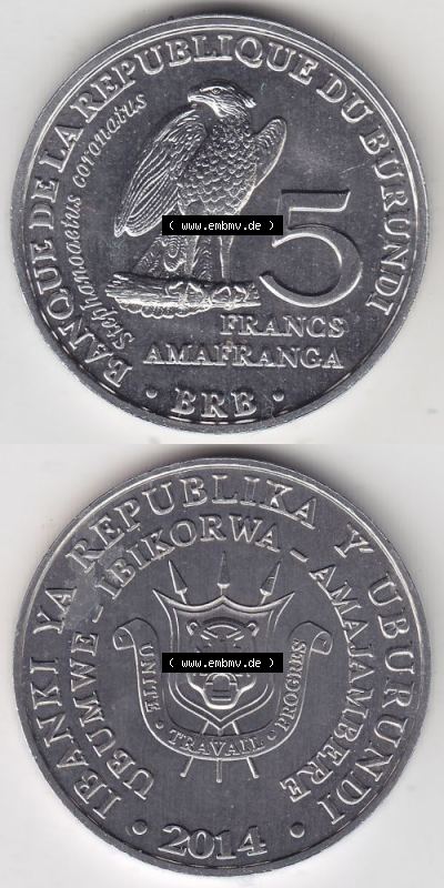 Münzen aus Afrika Burundi Umlaufmünze 2014-2014, 5 Francs Vögel-Afrikanischer Adler (4) Sammlung