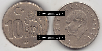 Münzen Türkei / Türkiye Eurovorläufer, Umlaufmünze vor Euroeinführung 1994-1997, 10 Bin Lira, 10000 Lire (3) Sammlung