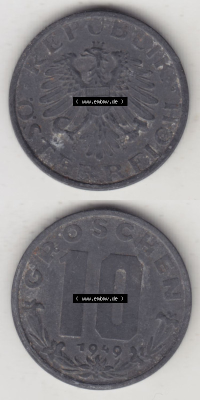 Münzen Österreich / Austria Eurovorläufer, Umlaufmünze vor Euroeinführung 1947-1949, 10 Groschen 1949 I. (4) Sammlung