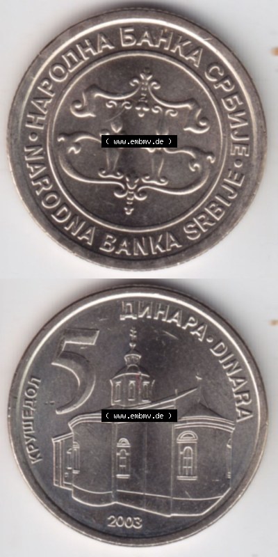 Münzen Serbien Eurovorläufer, Umlaufmünze vor Euroeinführung 2003-2003, 5 Dinara (4) Sammlung
