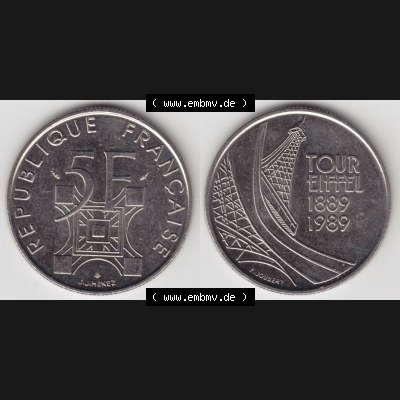 Münzen Frankreich Eurovorläufer, Umlaufmünze vor Euroeinführung 1989-1989, 5 Francs Franken Eiffelturm. Vorderseite und Rückseite Nebeneinander einer Münze... Sammlung