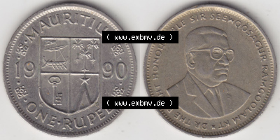 Münzen aus Afrika Mauritius Umlaufmünze 1987-2010, 1 Rupie, 1 Rupee 1990 (3) Sammlung