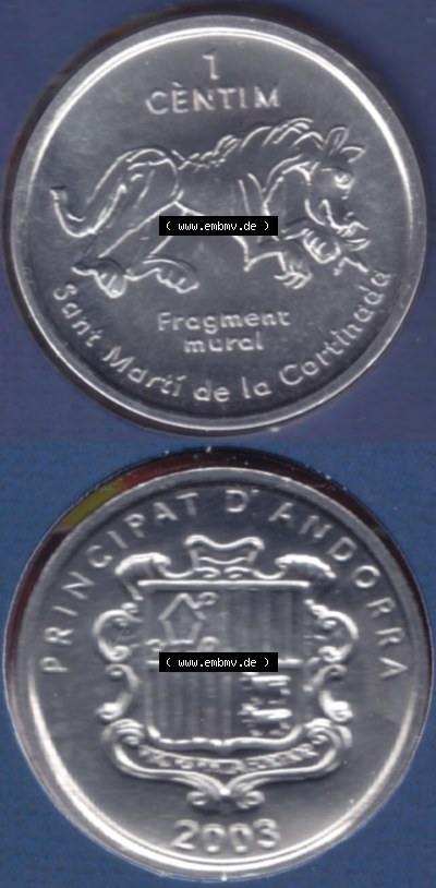 Münzen Andorra Eurovorläufer, Umlaufmünze vor Euroeinführung 2003, 1 Centime, Església Sant Martí de la Cortinada (4) Sammlung