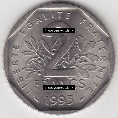 Münzen Frankreich Eurovorläufer, Umlaufmünze vor Euroeinführung 1993-1993, 2 Francs Jean Moulin. Vorderseite einer Münze... Sammlung