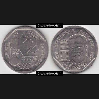 Münzen Frankreich Eurovorläufer, Umlaufmünze vor Euroeinführung 1995-1995, 2 France Louis Rasteur. Vorderseite und Rückseite Nebeneinander einer Münze aus... Sammlung