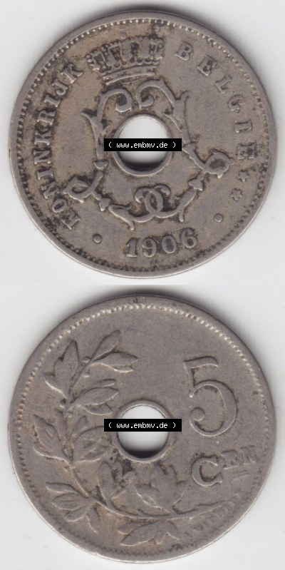 Münzen Belgien Eurovorläufer, Umlaufmünze vor Euroeinführung 1904-1907, 5 Cen, Centimes Koninkrijk Belgie (4) Sammlung