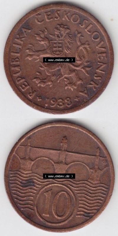 Münzen Tschechoslowakei (Land wurde 1992 aufgelöst), Umlaufmünze 1922-1938, 10 h, Heller, Haleru 1938 (4) Sammlung