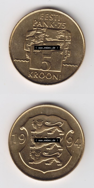 Münzen Estland Eurovorläufer, Umlaufmünze vor Euroeinführung 1994, 5 Krooni (4) Sammlung
