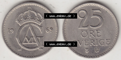 Münzen Schweden / Sverige Eurovorläufer, Umlaufmünze vor Euroeinführung 1962-1973, 25 Öre 1969 (3) Sammlung