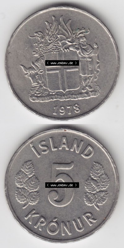 Münzen Island Eurovorläufer, Umlaufmünze vor Euroeinführung 1969-1980, 5 Kronur, Kronen 1978 (4) Sammlung