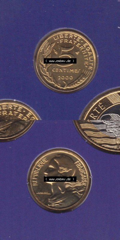 Münzen Frankreich Eurovorläufer, Umlaufmünze vor Euroeinführung 2000, 5 Centimes. Vorderseite und Rückseite Vertikal Untereinander,... Sammlung