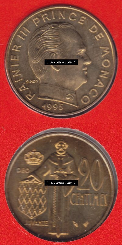 Münzen Monaco / Mu̍negu Eurovorläufer, Umlaufmünze vor Euroeinführung 1962-1995, 20 Centimes 1995 (4) Sammlung