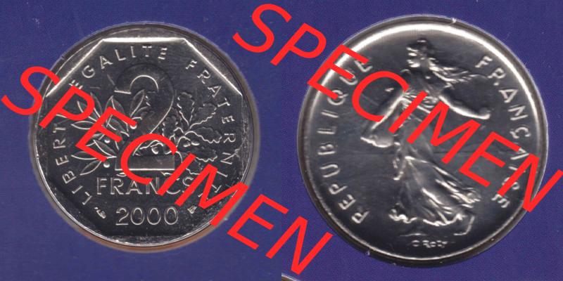 Münzen Frankreich Eurovorläufer, Umlaufmünze vor Euroeinführung 2000, 2 Francs. Vorderseite und Rückseite Nebeneinander einer Münze aus Europa als Digitales... Sammlung