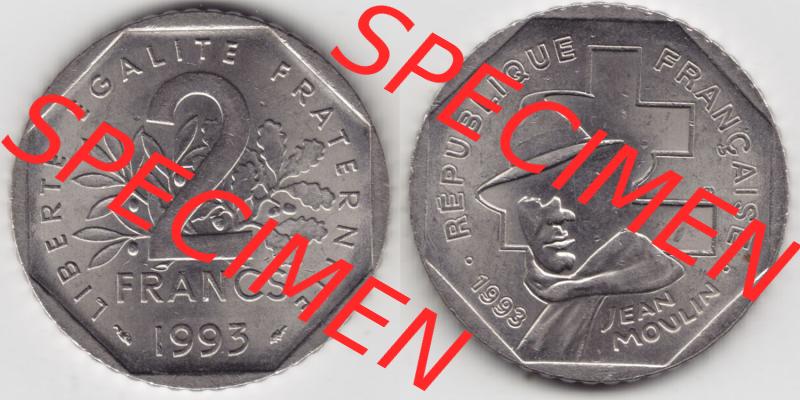 Münzen Frankreich Eurovorläufer, Umlaufmünze vor Euroeinführung 1993-1993, 2 Francs Jean Moulin. Vorderseite und Rückseite Nebeneinander einer Münze aus... Sammlung