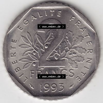 Münzen Frankreich Eurovorläufer, Umlaufmünze vor Euroeinführung 1993-1993, 2 Francs Jean Moulin. Vorderseite einer Münze aus Europa als Digitales Bild /... Sammlung