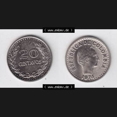 Münzen aus Amerika Kolumbien / Columbia Umlaufmünze 1974, 20 Centavos (3) Sammlung