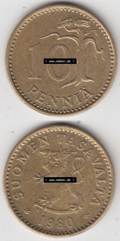 Münzen Finnland / SUOMI Eurovorläufer, Umlaufmünze vor Euroeinführung 1963-1982, 10 Penniä 1980. Rückseite und Vorderseite... Sammlung