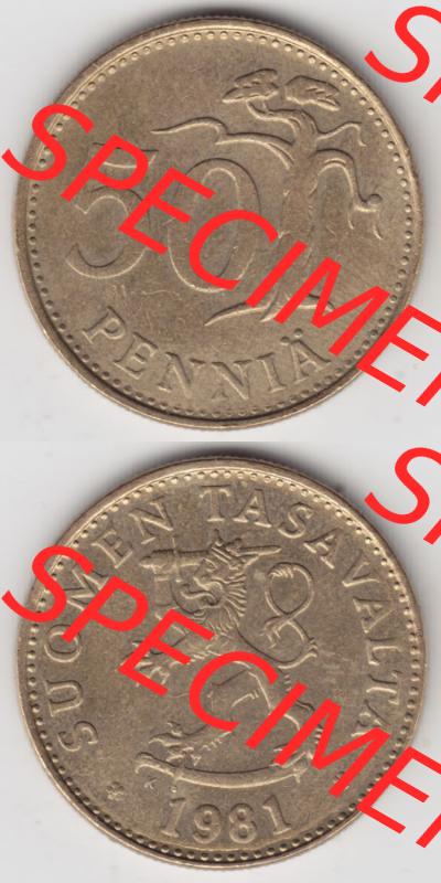 Münzen Finnland / SUOMI Eurovorläufer, Umlaufmünze vor Euroeinführung 1963-1990, 50 Penniä 1981. Rückseite und Vorderseite vertikal untereinander für... Sammlung