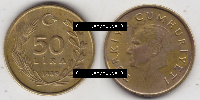 Münzen Türkei / Türkiye Eurovorläufer, Umlaufmünze vor Euroeinführung 1998-1994, 50 Lira - Lire (3) Sammlung