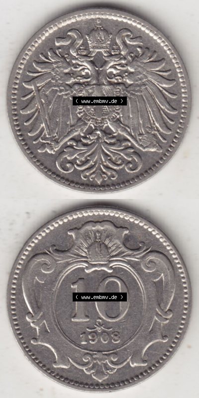 Münzen Österreich / Austria Eurovorläufer, Umlaufmünze vor Euroeinführung 1892-1911, 10 Heller 1908 (4) Sammlung
