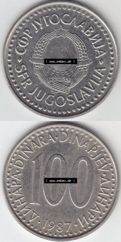 Münzen Jugoslawien (Land wurde 2003 aufgelöst), Umlaufmünze 1985-1988, 100 Dinara, Dinarjev 1985 (4) Sammlung