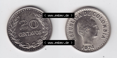 Münzen aus Amerika Kolumbien / Columbia Umlaufmünze 1974, 20 Centavos (3) Sammlung