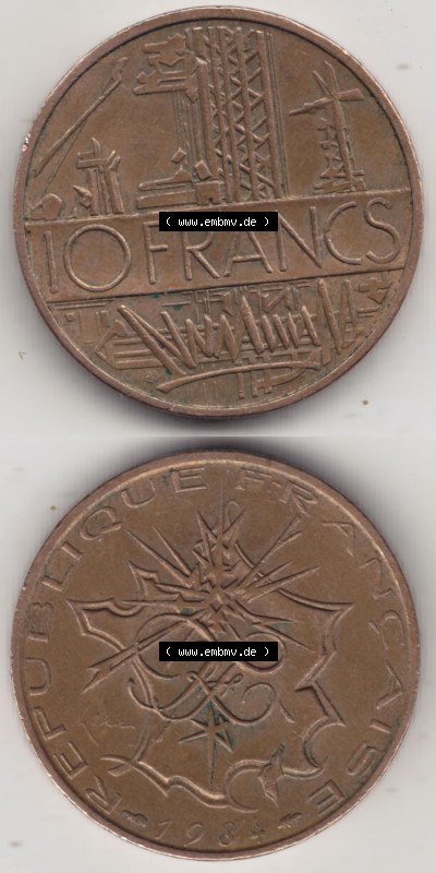 Münzen Frankreich Eurovorläufer, Umlaufmünze vor Euroeinführung 1974-1987, 10 Franken-Francs 1984. Vorderseite und Rückseite... Sammlung