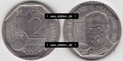 Münzen Frankreich Eurovorläufer, Umlaufmünze vor Euroeinführung 1995-1995, 2 France Louis Rasteur. Vorderseite und Rückseite... Sammlung