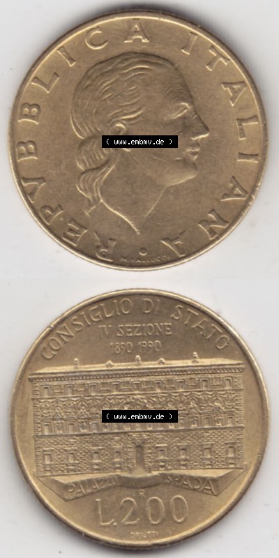 Münzen Italien / Italia Eurovorläufer, Umlaufmünze vor Euroeinführung 1990-1990, 200 Lire Gründung von Staatsrat (4) Sammlung