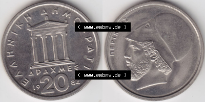 Münzen Griechenland Eurovorläufer, Umlaufmünze vor Euroeinführung 1984, 20 Apaxmee, Drachmen. VS+RS auf einen Bild/Foto einer... Sammlung