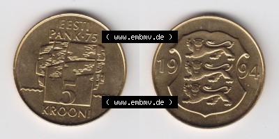 Münzen Estland Eurovorläufer, Umlaufmünze vor Euroeinführung 1994, 5 Krooni (3) Sammlung