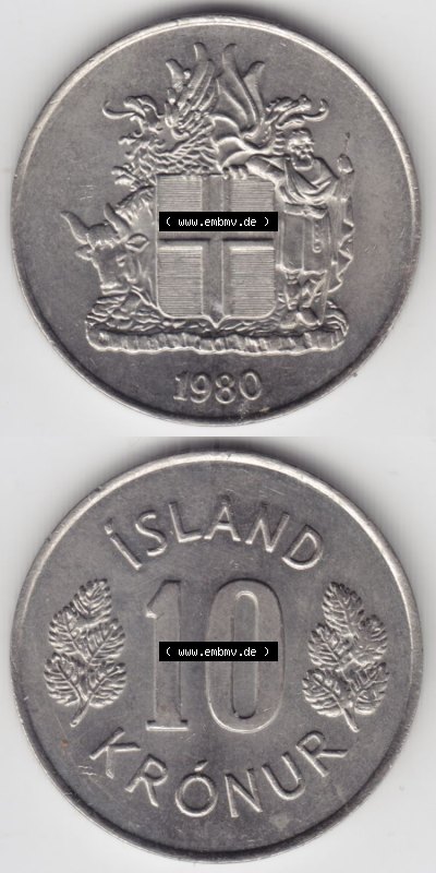 Münzen Island Eurovorläufer, Umlaufmünze vor Euroeinführung 1967-1980, 10 Kronur, Kronen 1980 (4) Sammlung
