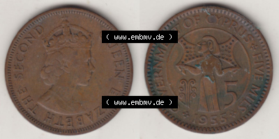 Münzen Zypern / Cyprus Eurovorläufer, Umlaufmünze vor Euroeinführung 1955-1956, 5 Mils 1955 (3) Sammlung