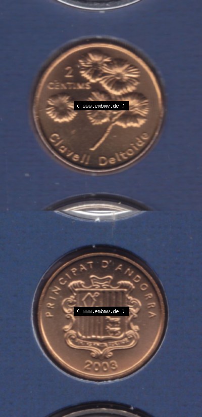 Münzen Andorra Eurovorläufer, Umlaufmünze vor Euroeinführung 2003, 2 Centims, Blumen, Heide-Nelke (4) Sammlung