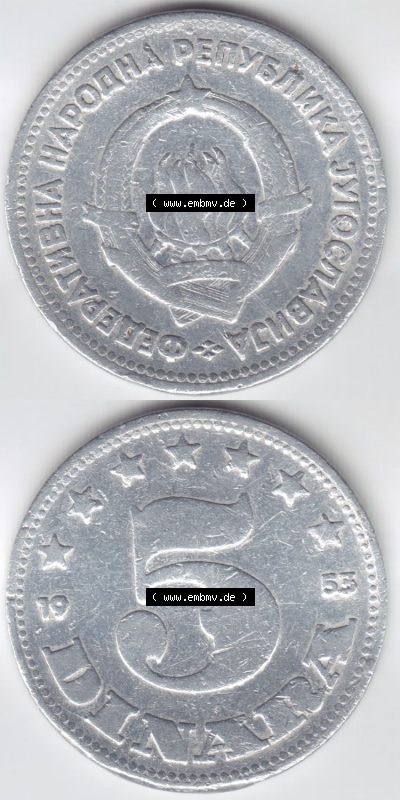 Münzen Jugoslawien (Land wurde 2003 aufgelöst), Umlaufmünze 1953-1953, 5 Dinara (4) Sammlung