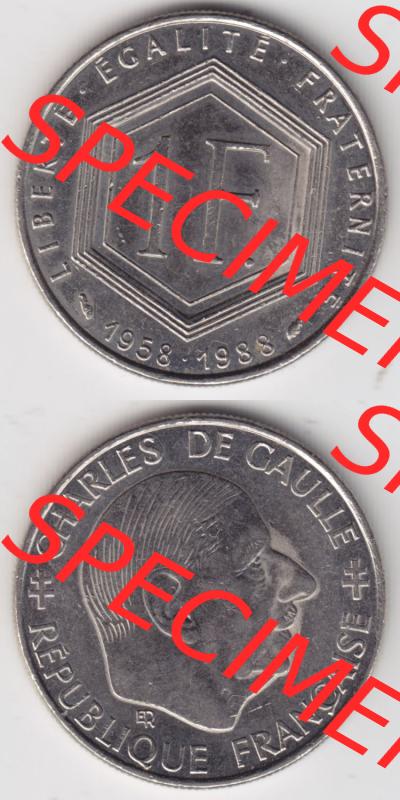 Münzen Frankreich Eurovorläufer, Umlaufmünze vor Euroeinführung 1988-1988, 1 Francs, Franken 1988. Vorderseite und Rückseite Vertikal Untereinander,... Sammlung