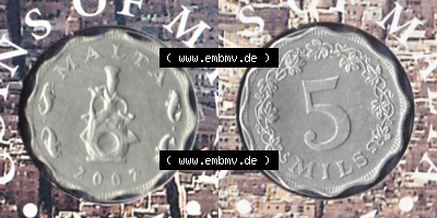 Münzen Malta / Melita Eurovorläufer, Umlaufmünze vor Euroeinführung 1972-2007, 5 Mils 2007 (3) Sammlung