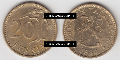 Münzen Finnland / SUOMI Eurovorläufer, Umlaufmünze vor Euroeinführung 1963-1990, 20 Penniä. Rückseite und Vorderseite horizontal... Sammlung