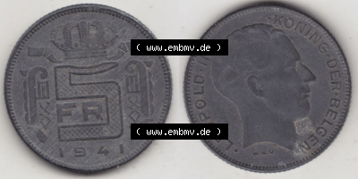 Münzen Belgien Eurovorläufer, Umlaufmünze vor Euroeinführung 1941-1946, 5 Franken 1941, Der Belgen (3) Sammlung