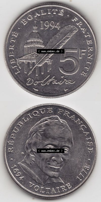 Münzen Frankreich Eurovorläufer, Umlaufmünze vor Euroeinführung 1994-1994, 5 Francs Liberte Egalite Fraternite. Vorderseite... Sammlung