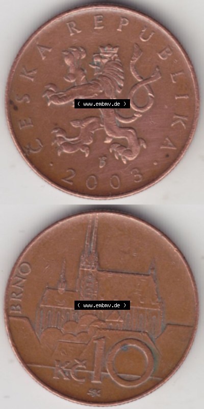Münzen Tschechische Republik / Tschechin Eurovorläufer, Umlaufmünze vor Euroeinführung 1993-Heute, 10 Kronen 2003 (4) Sammlung