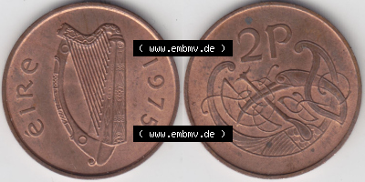 Münzen Irland Eurovorläufer, Umlaufmünze vor Euroeinführung 1971-1988, 2 Pence 1975 (3) Sammlung