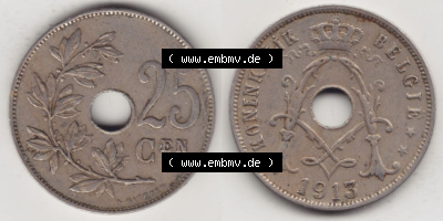 Münzen Belgien Eurovorläufer, Umlaufmünze vor Euroeinführung 1910-1929, 25 Cen, 1913 Centimes Koninkrijk Belgie (3) Sammlung