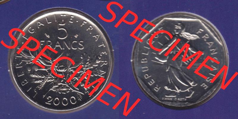Münzen Frankreich Eurovorläufer, Umlaufmünze vor Euroeinführung 2000, 5 Francs. Vorderseite und Rückseite Nebeneinander einer Münze aus Europa als Digitales... Sammlung